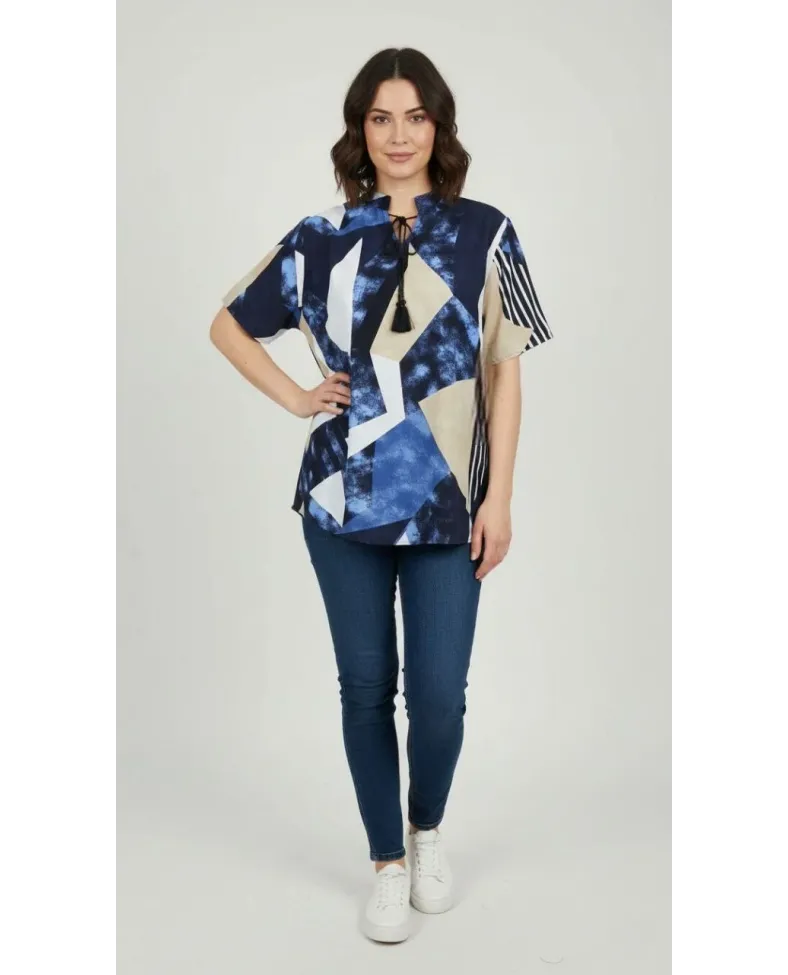 Kadın Desenli Püsküllü Viskon Bluz Bebe Yaka Kısa Kollu Big Size Rahat Kesim - Desenli