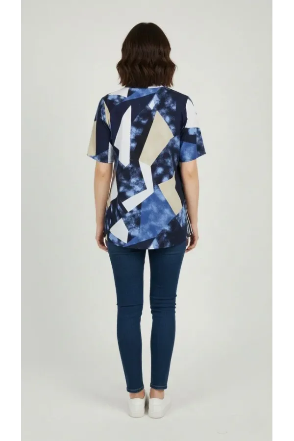 Kadın Desenli Püsküllü Viskon Bluz Bebe Yaka Kısa Kollu Big Size Rahat Kesim - Desenli