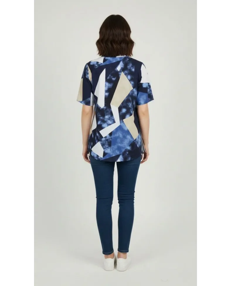 Kadın Desenli Püsküllü Viskon Bluz Bebe Yaka Kısa Kollu Big Size Rahat Kesim - Desenli