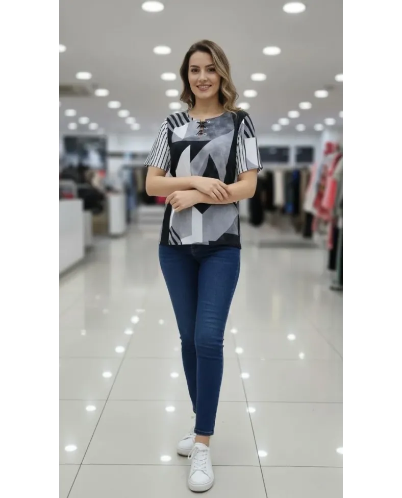 Kadın Desenli Püsküllü Viskon Bluz Bebe Yaka Kısa Kollu Big Size Kesim - Desenli