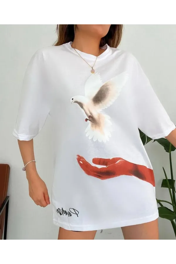 Kadın Dijital Baskılı T-Shirt - Beyaz