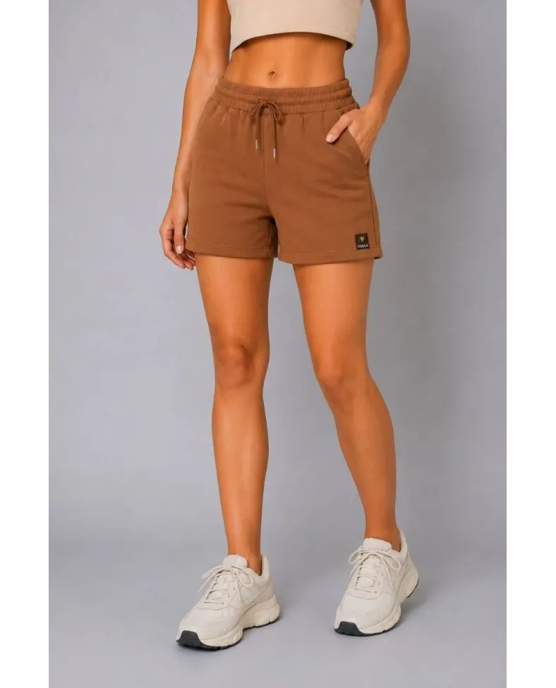 Kadın Dokuma Kumaş Cepli Bağcıklı Regular Fit Yazlık Şort - Kahverengi