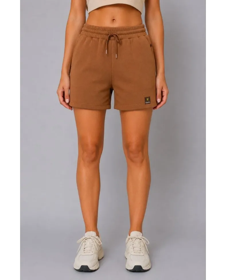 Kadın Dokuma Kumaş Cepli Bağcıklı Regular Fit Yazlık Şort - Kahverengi