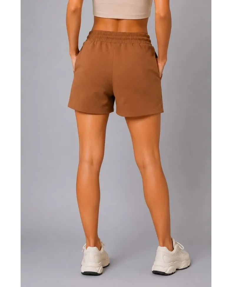 Kadın Dokuma Kumaş Cepli Bağcıklı Regular Fit Yazlık Şort - Kahverengi