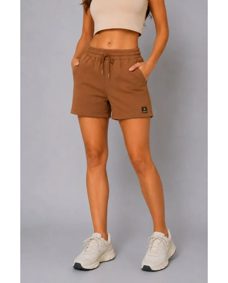 Kadın Dokuma Kumaş Cepli Bağcıklı Regular Fit Yazlık Şort - Kahverengi