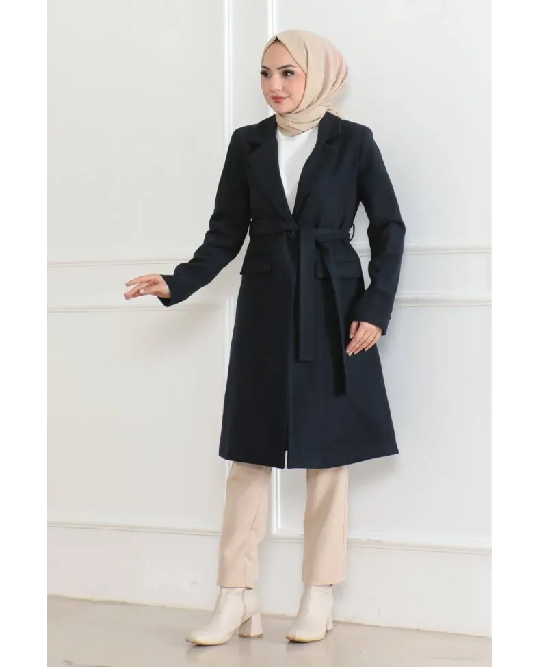 Kadın Kaşe Kaban Uzun Boy Kruvaze Yaka Kuşaklı Tesettür Kaban Astarlı Yünlü - Lacivert