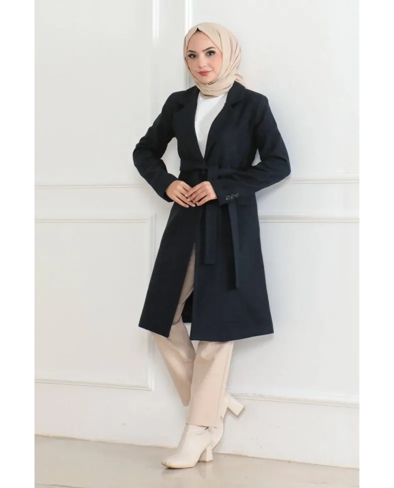 Kadın Kaşe Kaban Uzun Boy Kruvaze Yaka Kuşaklı Tesettür Kaban Astarlı Yünlü - Lacivert