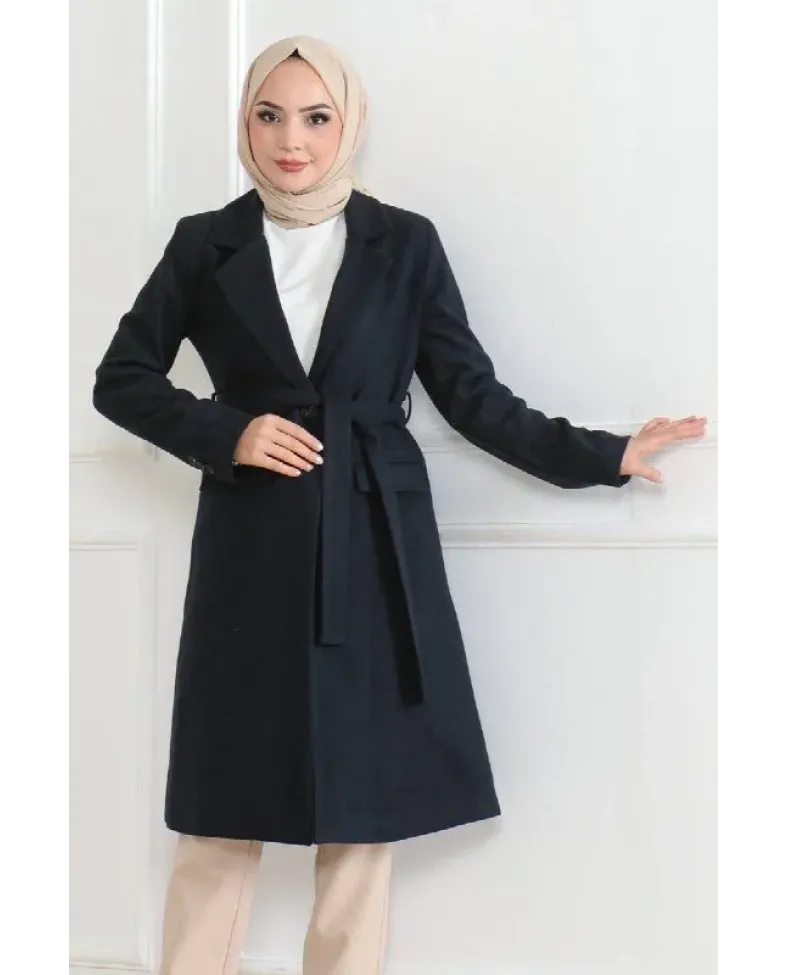 Kadın Kaşe Kaban Uzun Boy Kruvaze Yaka Kuşaklı Tesettür Kaban Astarlı Yünlü - Lacivert