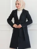 Kadın Kaşe Kaban Uzun Boy Kruvaze Yaka Kuşaklı Tesettür Kaban Astarlı Yünlü - Lacivert