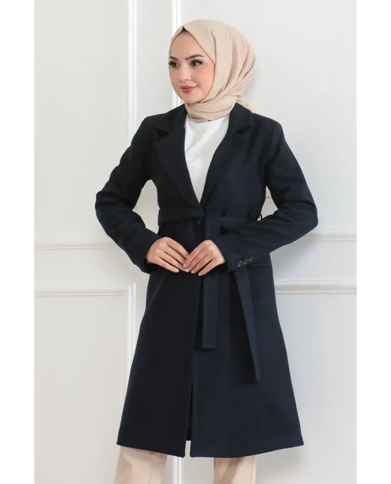 Kadın Kaşe Kaban Uzun Boy Kruvaze Yaka Kuşaklı Tesettür Kaban Astarlı Yünlü - Lacivert