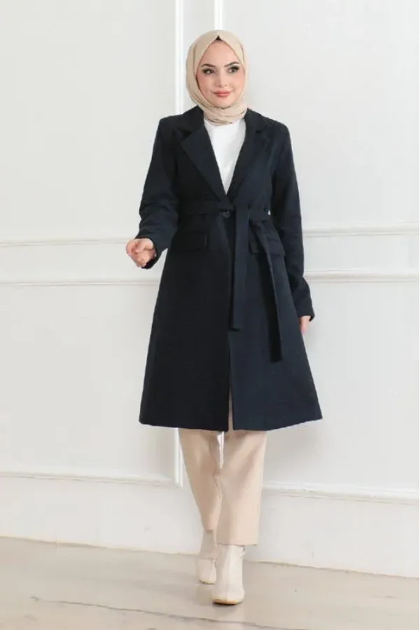 Kadın Kaşe Kaban Uzun Boy Kruvaze Yaka Kuşaklı Tesettür Kaban Astarlı Yünlü - Lacivert