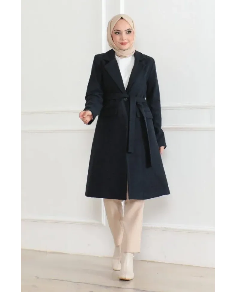 Kadın Kaşe Kaban Uzun Boy Kruvaze Yaka Kuşaklı Tesettür Kaban Astarlı Yünlü - Lacivert