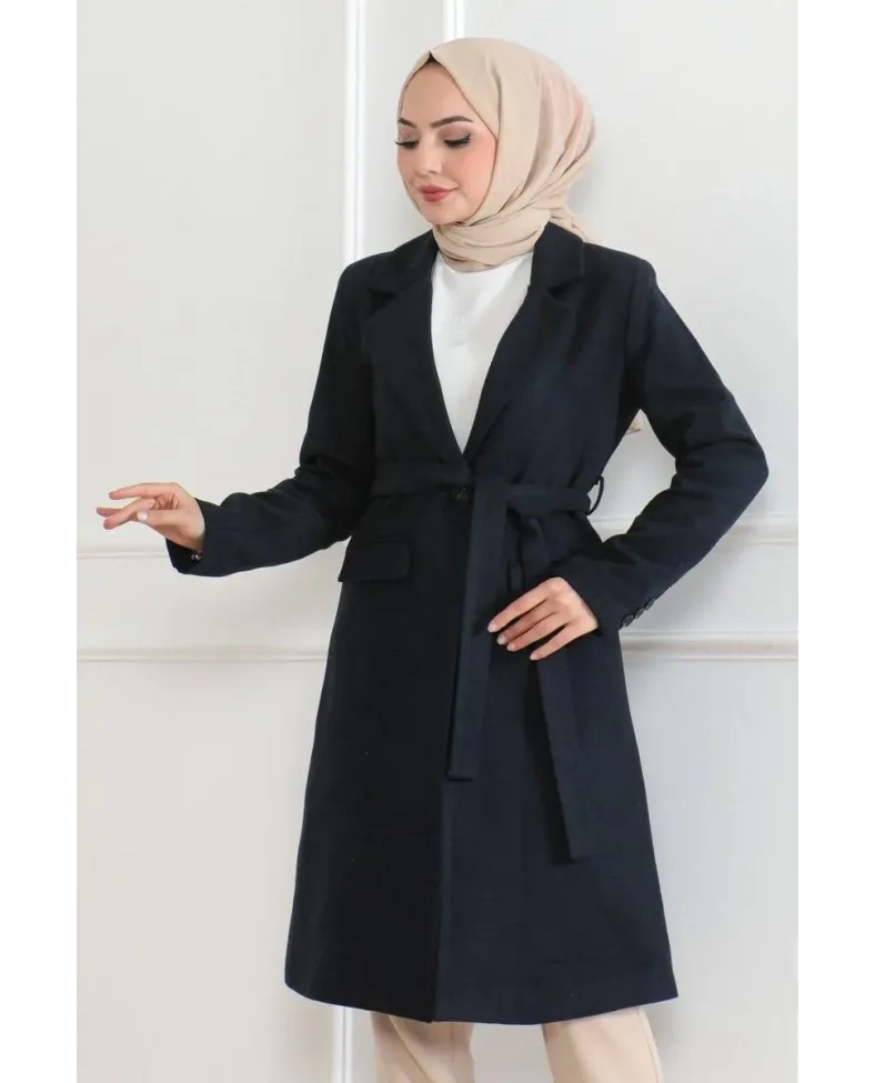 Kadın Kaşe Kaban Uzun Boy Kruvaze Yaka Kuşaklı Tesettür Kaban Astarlı Yünlü - Lacivert