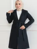 Kadın Kaşe Kaban Uzun Boy Kruvaze Yaka Kuşaklı Tesettür Kaban Astarlı Yünlü - Lacivert