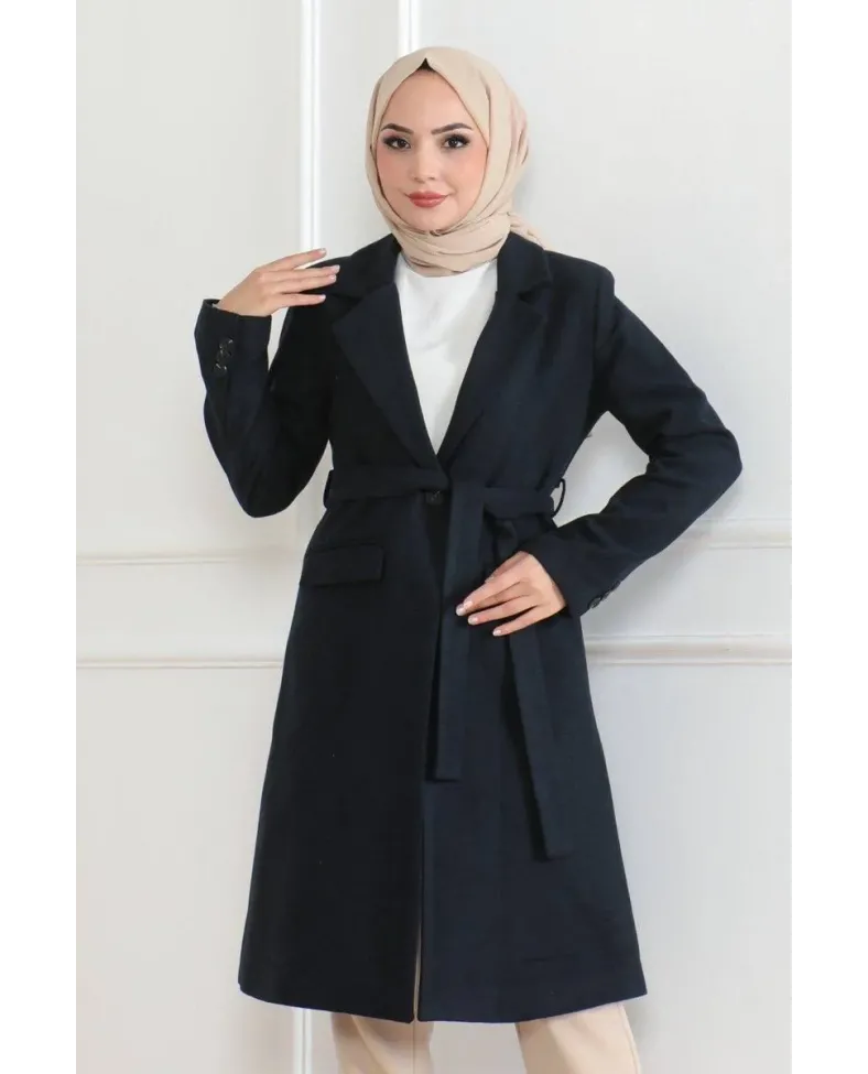 Kadın Kaşe Kaban Uzun Boy Kruvaze Yaka Kuşaklı Tesettür Kaban Astarlı Yünlü - Lacivert