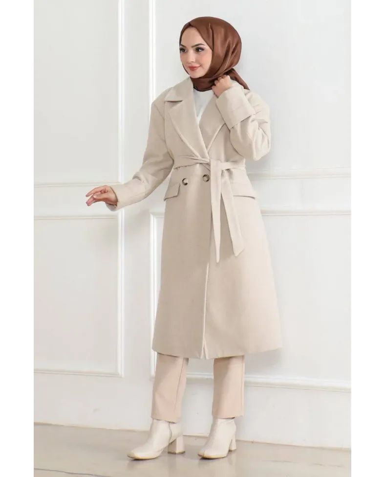 Kadın Kaşe Kaban Uzun Boy Kruvaze Yaka Kuşaklı Tesettür Kaşe Kaban Astarlı Yünlü - Bej