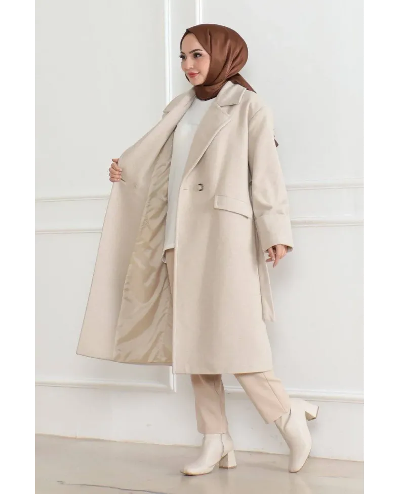 Kadın Kaşe Kaban Uzun Boy Kruvaze Yaka Kuşaklı Tesettür Kaşe Kaban Astarlı Yünlü - Bej