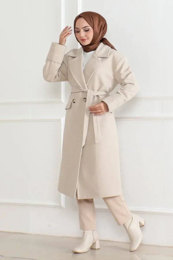 Kadın Kaşe Kaban Uzun Boy Kruvaze Yaka Kuşaklı Tesettür Kaşe Kaban Astarlı Yünlü - Bej