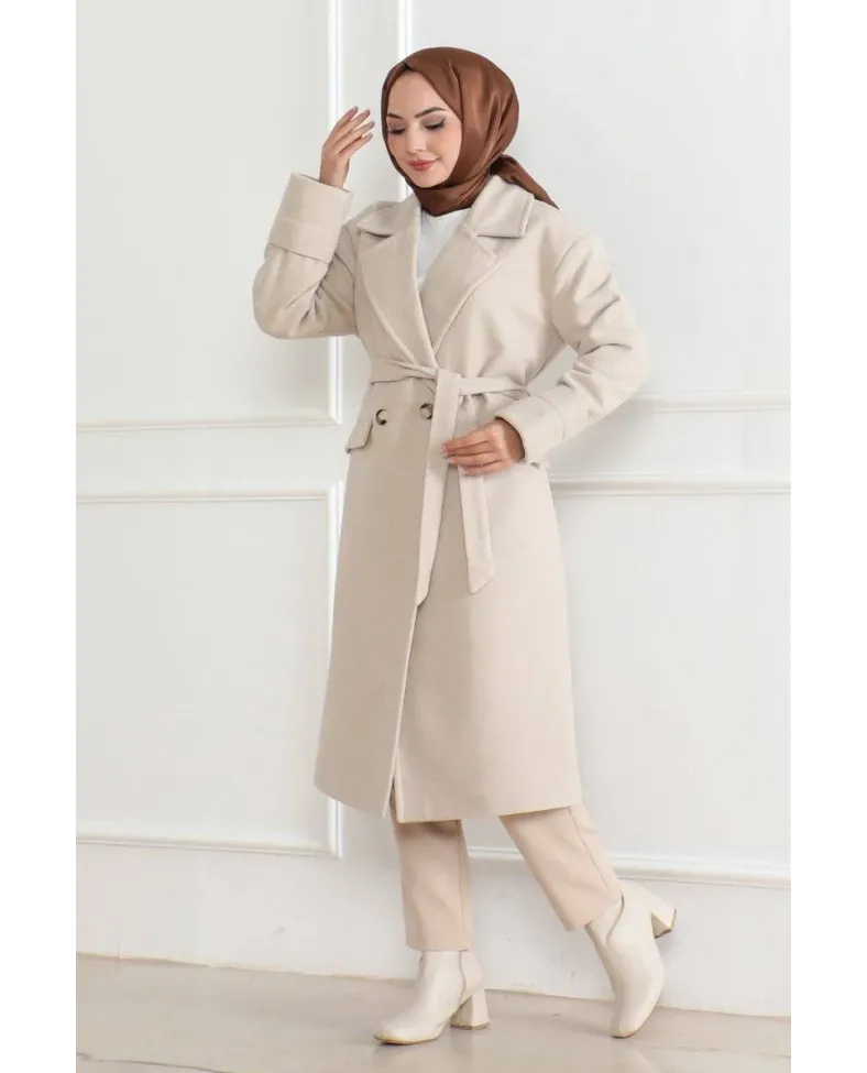 Kadın Kaşe Kaban Uzun Boy Kruvaze Yaka Kuşaklı Tesettür Kaşe Kaban Astarlı Yünlü - Bej