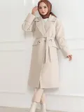 Kadın Kaşe Kaban Uzun Boy Kruvaze Yaka Kuşaklı Tesettür Kaşe Kaban Astarlı Yünlü - Bej