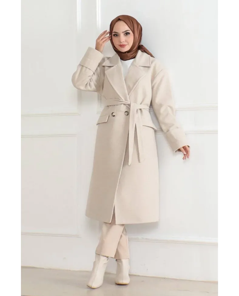 Kadın Kaşe Kaban Uzun Boy Kruvaze Yaka Kuşaklı Tesettür Kaşe Kaban Astarlı Yünlü - Bej