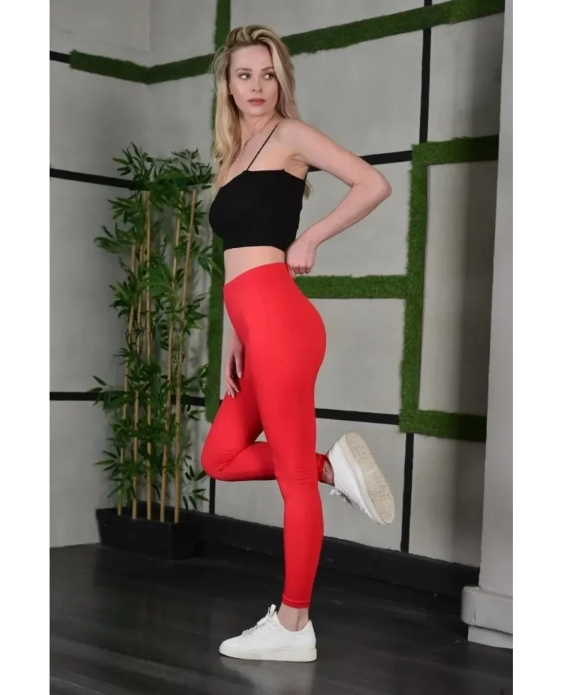 Kadın Full Likra Extra Toparlayıcı Yüksek Bel Dar Kalıp Günlük Spor Tayt - Kırmızı