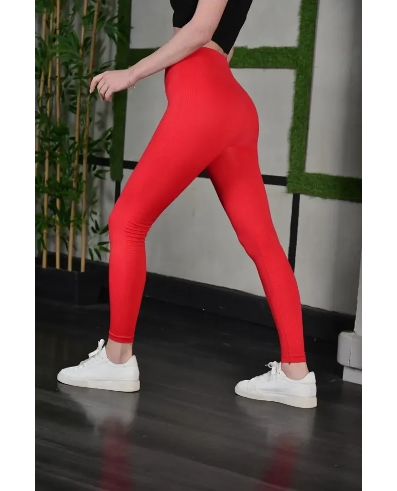 Kadın Full Likra Extra Toparlayıcı Yüksek Bel Dar Kalıp Günlük Spor Tayt - Kırmızı