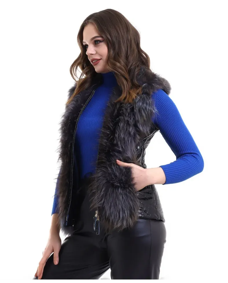 Kadın Fermuarlı Koyun Derisi Tilki Kürkü - Siyah