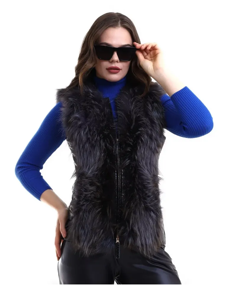 Kadın Fermuarlı Koyun Derisi Tilki Kürkü - Siyah