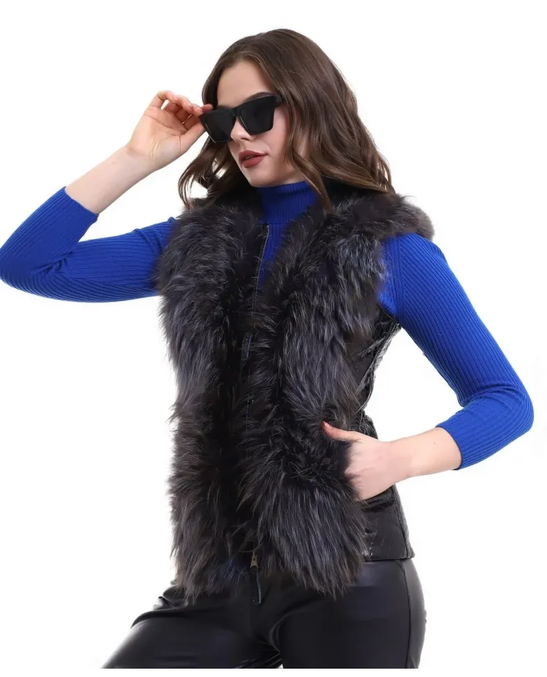 Kadın Fermuarlı Koyun Derisi Tilki Kürkü - Siyah
