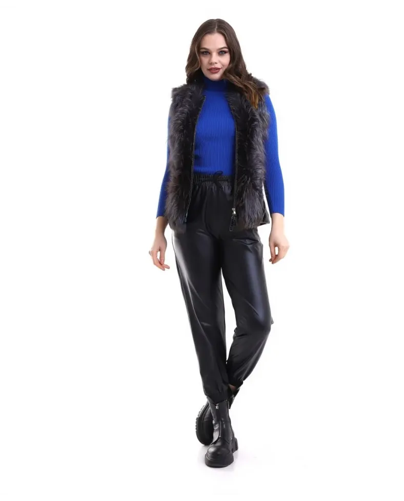 Kadın Fermuarlı Koyun Derisi Tilki Kürkü - Siyah