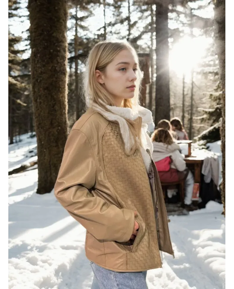 Kadın Fileli Deri Ceket - Krem