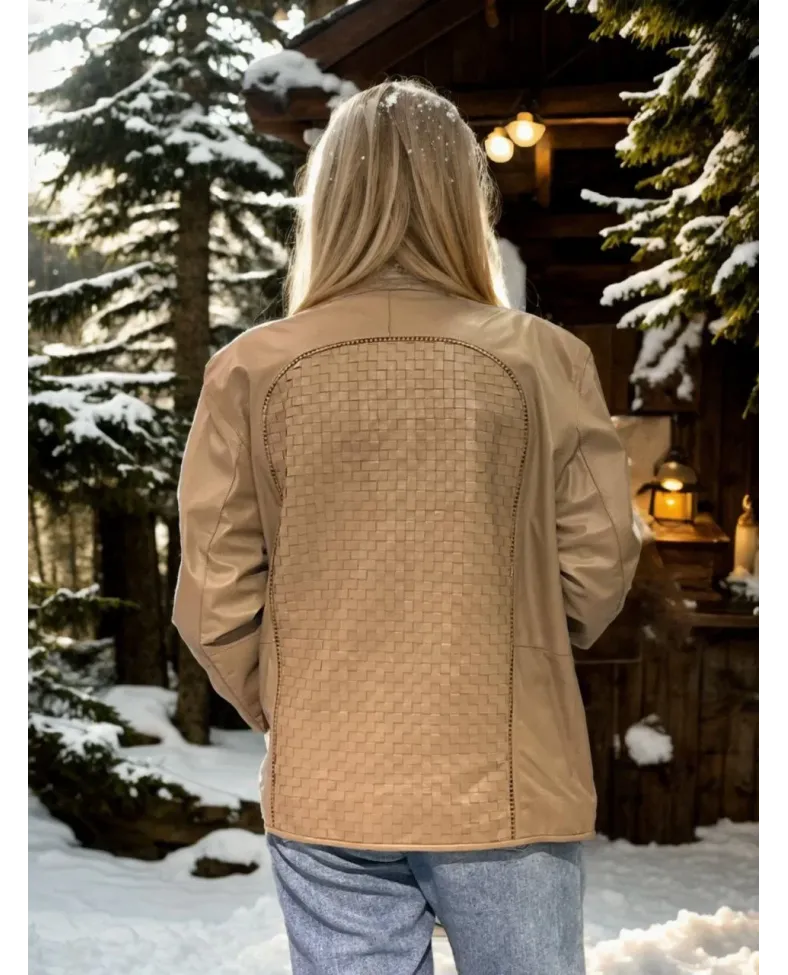 Kadın Fileli Deri Ceket - Krem