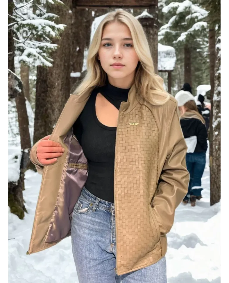 Kadın Fileli Deri Ceket - Krem