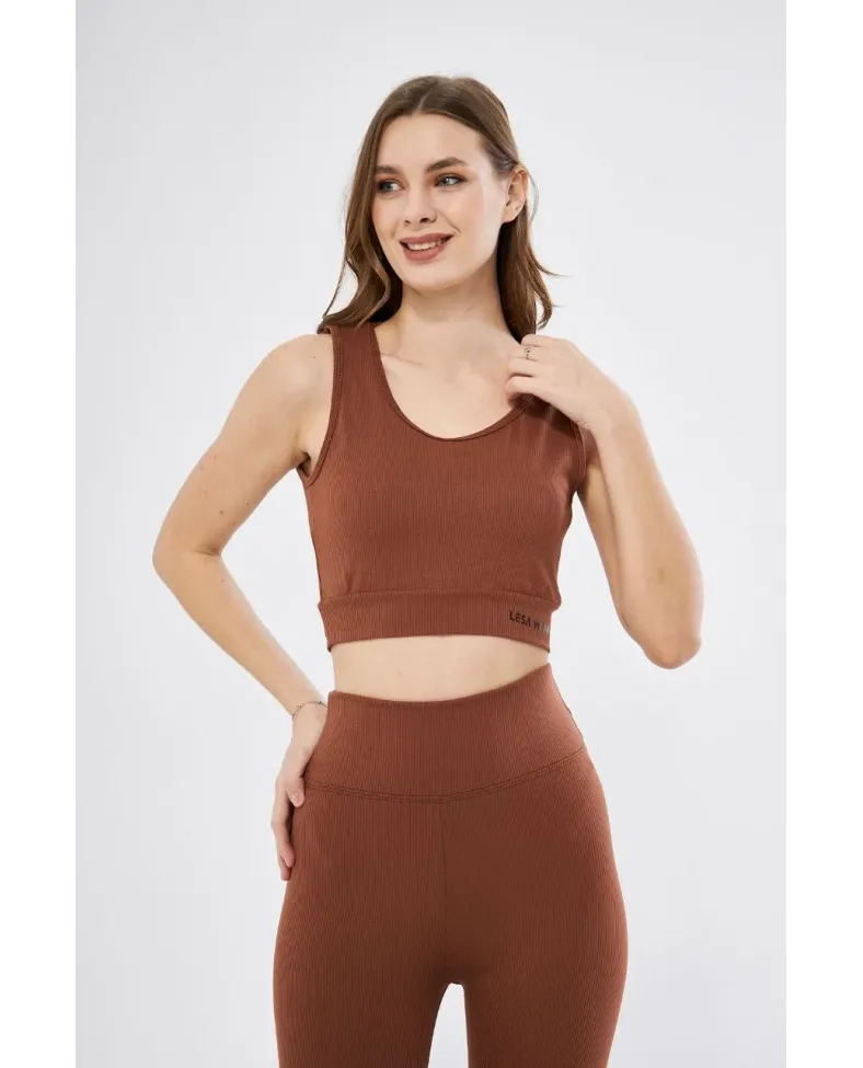 Kadın Fitilli Baskılı Crop - Kahve