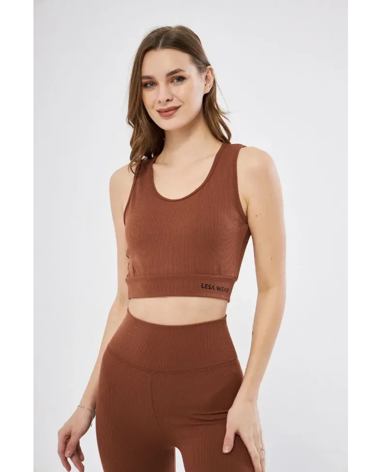 Kadın Fitilli Baskılı Crop - Kahve