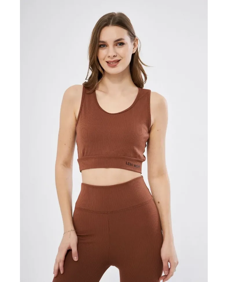 Kadın Fitilli Baskılı Crop - Kahve