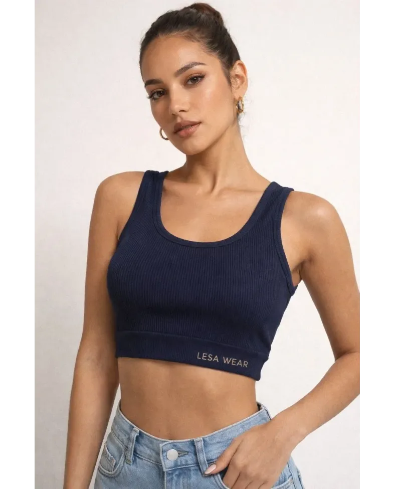 Kadın Fitilli Baskılı Crop - Lacivert