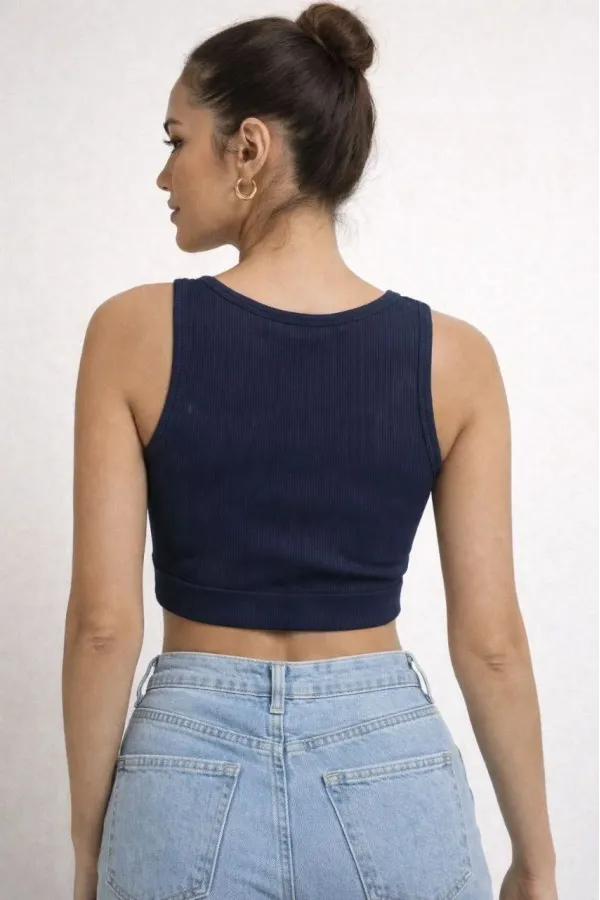 Kadın Fitilli Baskılı Crop - Lacivert