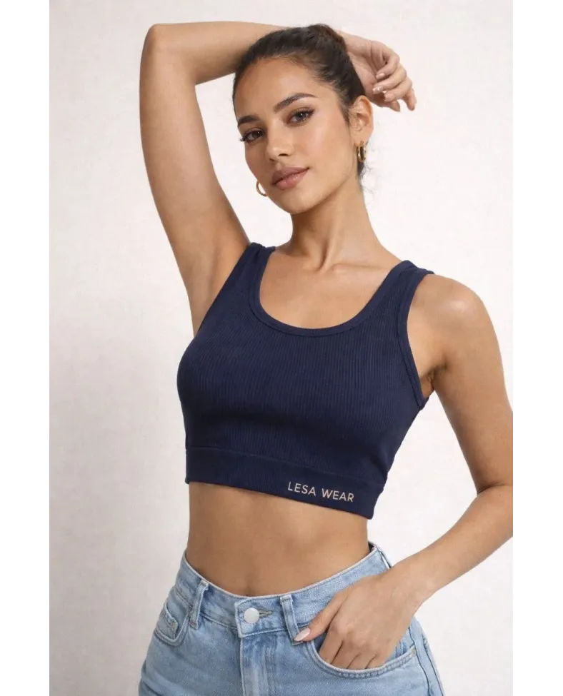 Kadın Fitilli Baskılı Crop - Lacivert