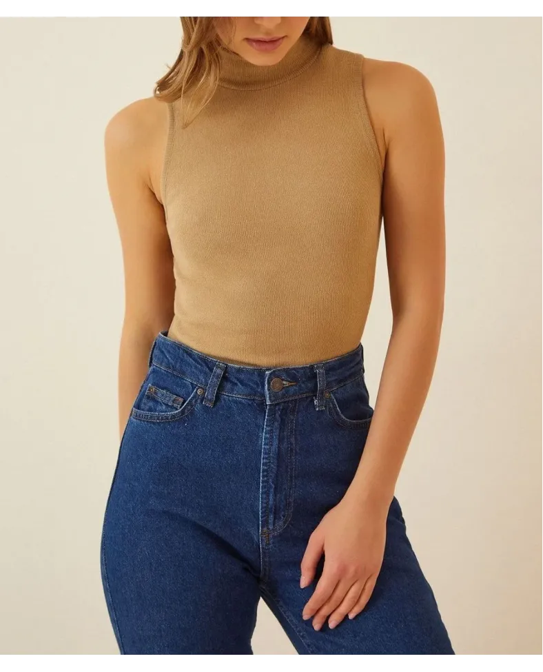 Kadın Full Likralı Fitilli Kaşkorse Body - Camel