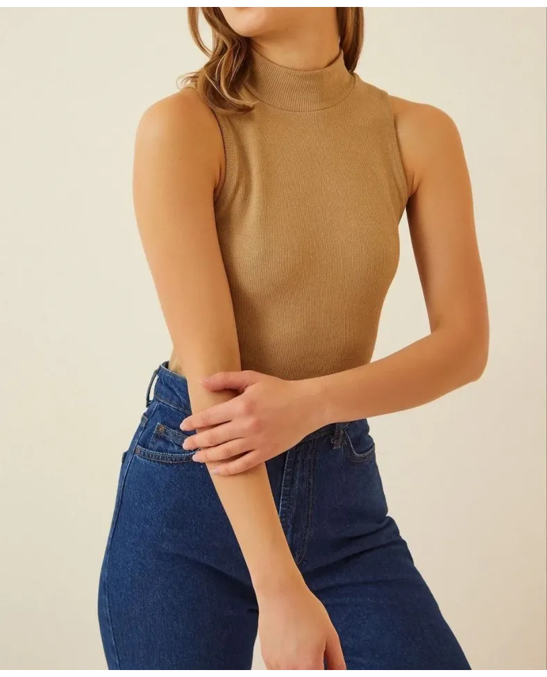 Kadın Full Likralı Fitilli Kaşkorse Body - Camel