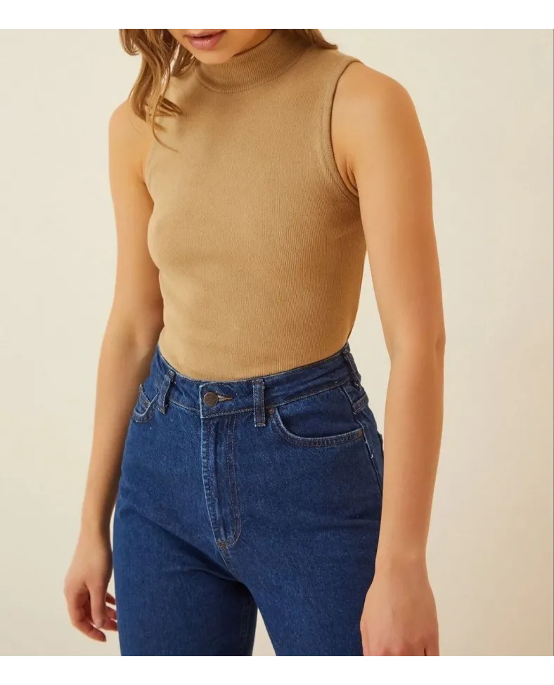 Kadın Full Likralı Fitilli Kaşkorse Body - Camel