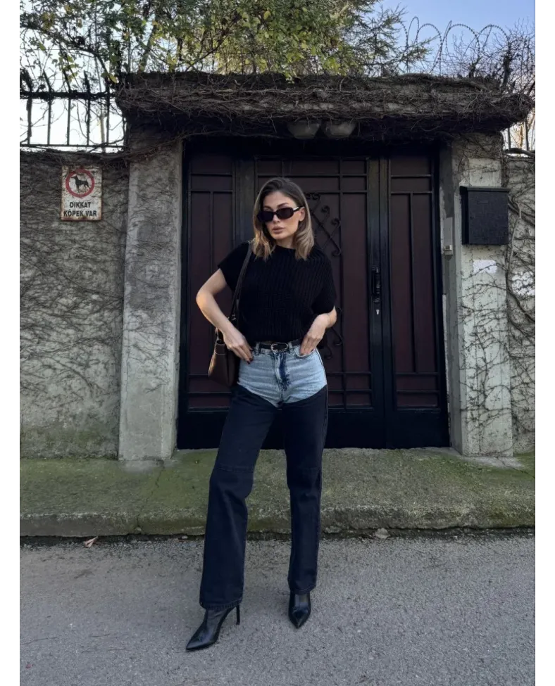 Kadın Jeans Kot Parçalı Palazzo Pantolon - Siyah