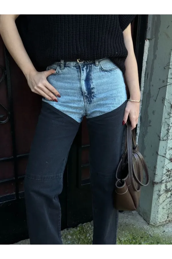 Kadın Jeans Kot Parçalı Palazzo Pantolon - Siyah