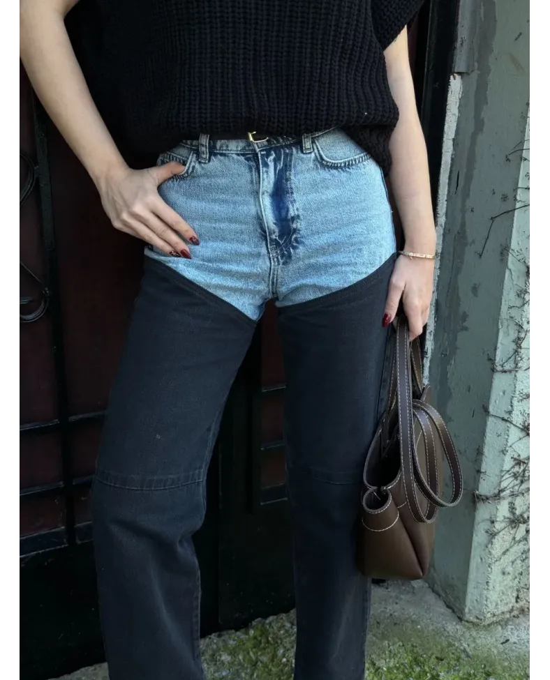 Kadın Jeans Kot Parçalı Palazzo Pantolon - Siyah