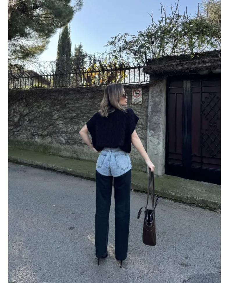 Kadın Jeans Kot Parçalı Palazzo Pantolon - Siyah