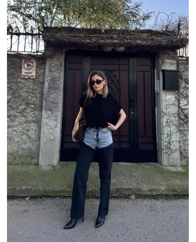 Kadın Jeans Kot Parçalı Palazzo Pantolon - Siyah