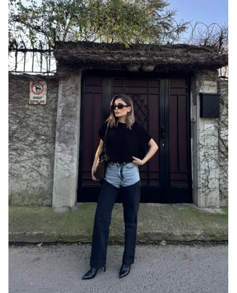 Kadın Jeans Kot Parçalı Palazzo Pantolon - Siyah