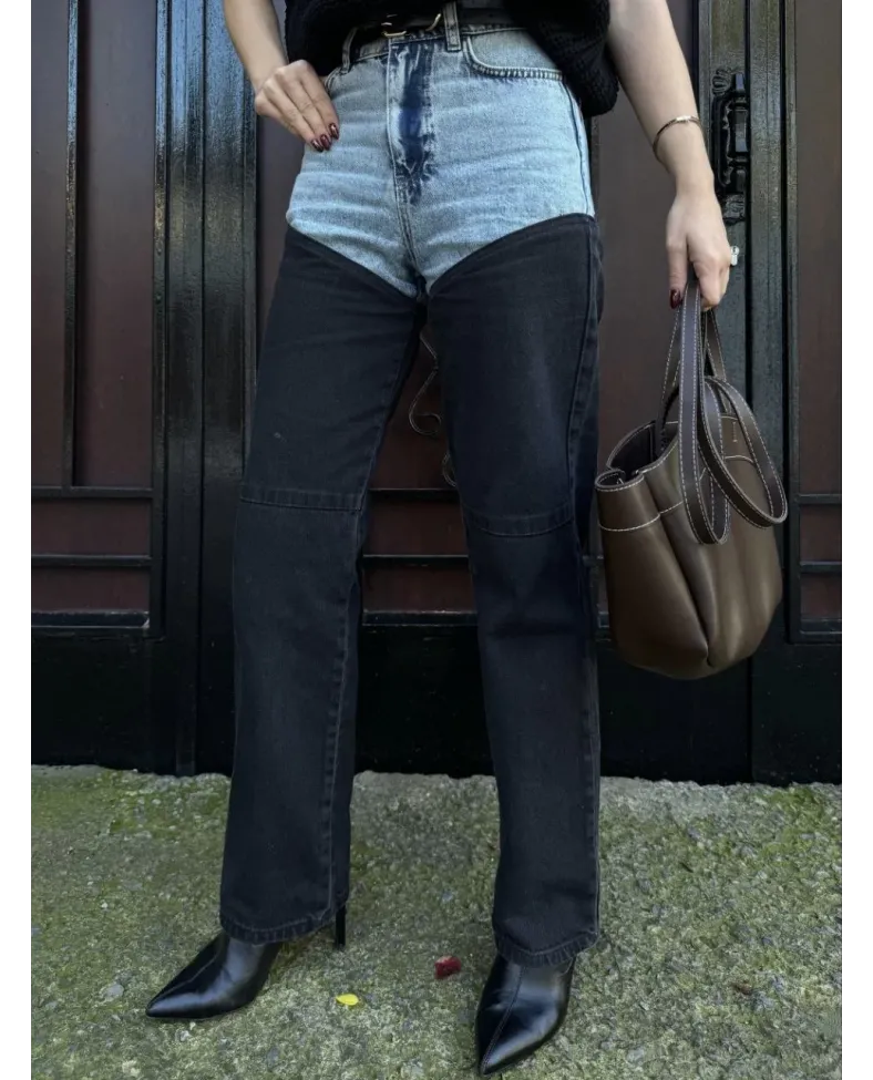 Kadın Jeans Kot Parçalı Palazzo Pantolon - Siyah